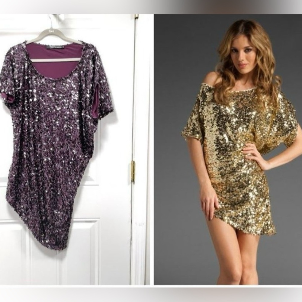 Brian Lichtenberg Purple Sequin Slouchy One Shoulder Dress S